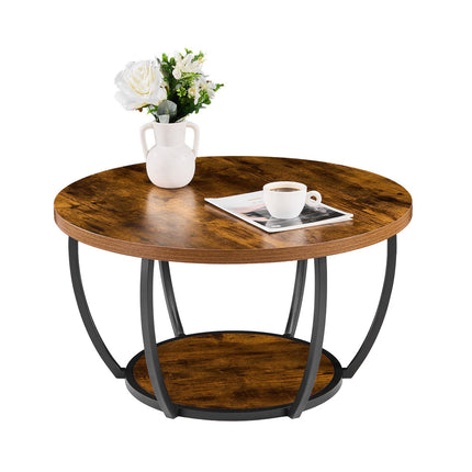 Round Coffee Table, 2-Tier Wood Top, Metal Frame, Brown