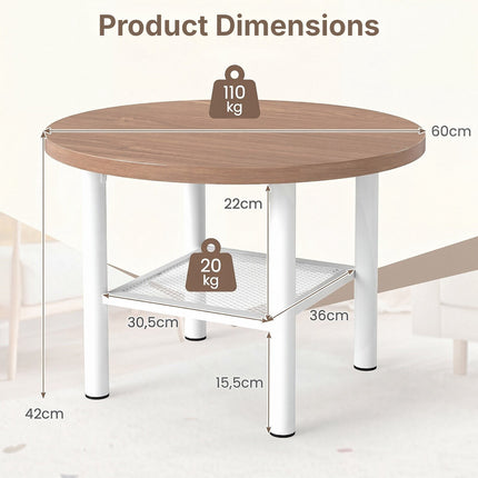 Round Coffee Table 2-Tier with Storage Shelf and Metal Frame, Natural & White