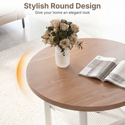 Round Coffee Table 2-Tier with Storage Shelf and Metal Frame, Natural & White