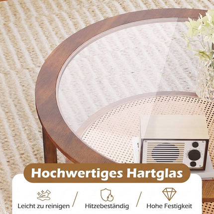 Round Coffee Table, Glass Top, Rattan Shelf, Walnut Finish