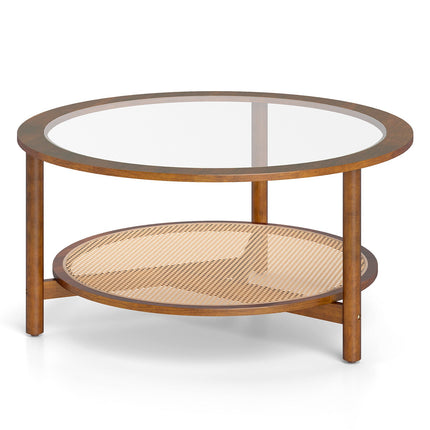 Round Coffee Table, Glass Top, Rattan Shelf, Walnut Finish