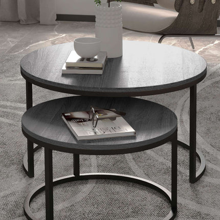 Round nesting coffee table, set of 2, black wood finish