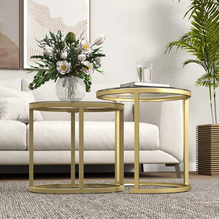 Round coffee table set of 2, stackable steel frame, gold
