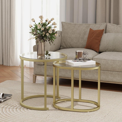 Round coffee table set of 2, stackable steel frame, gold