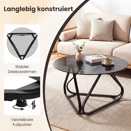 Round Coffee Table, Tempered Glass & Metal Frame, 80x80 cm