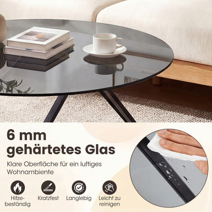 Round Coffee Table, Tempered Glass & Metal Frame, 80x80 cm