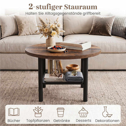 Round Coffee Table with 2-Tier Storage and Metal Frame
