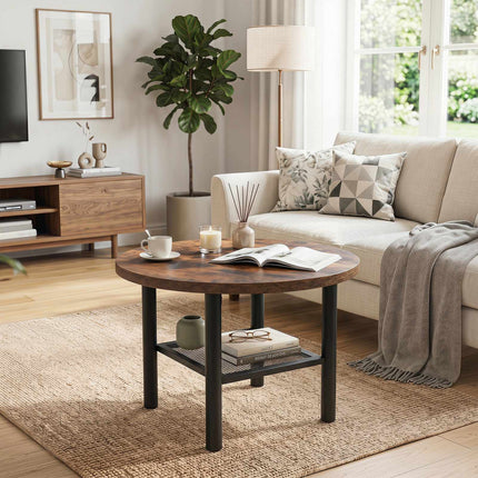 Round Coffee Table with 2-Tier Storage and Metal Frame