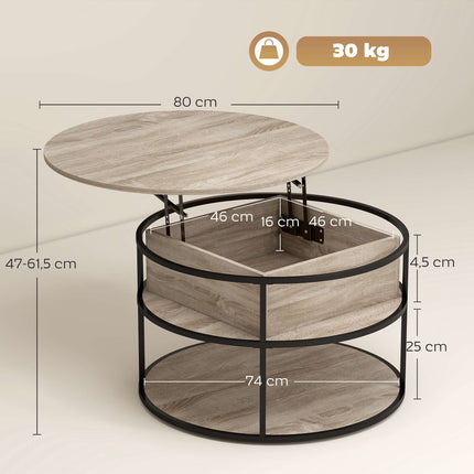 Round Coffee Table with Lift-Top, Storage, Oak Finish