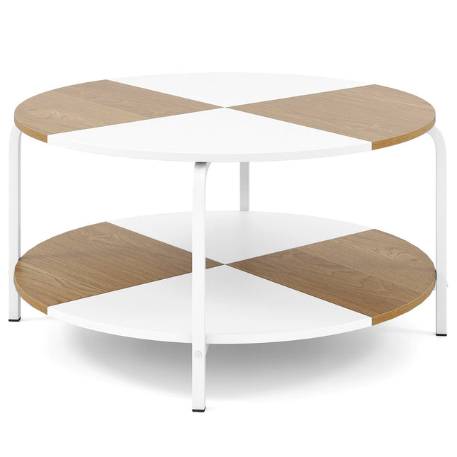 Ronde salontafel met plank, wit en naturel hout