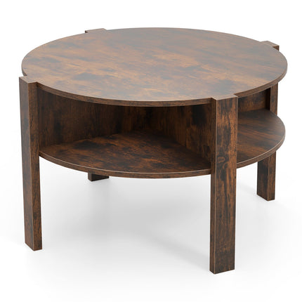 Round Coffee Table with Storage, Wood, 4 Shelves, Brown