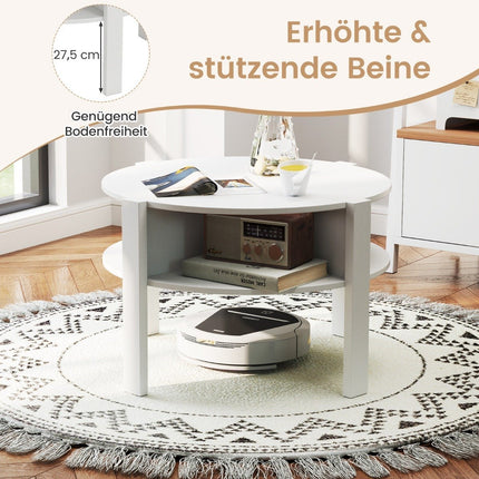 Round Coffee Table with Storage – Wood, 4 Shelves, White