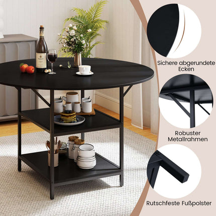 Round Dining Table, 120 cm, 2-Tier Shelf, Metal Frame