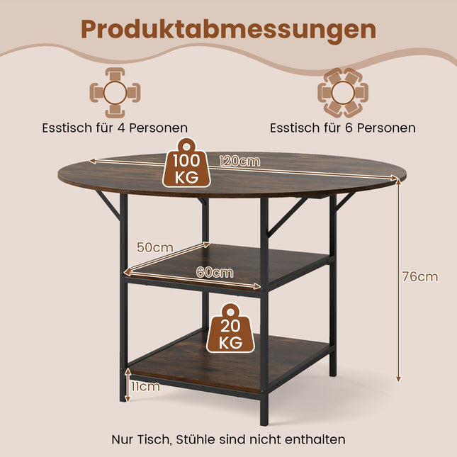 Ronde eettafel, 120 cm, 4-6 zitplaatsen, 2-laags plank