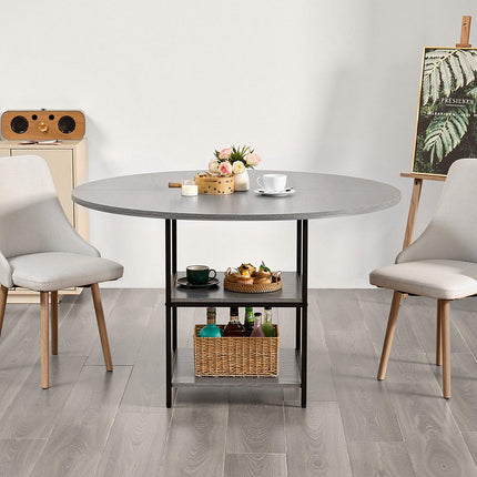 Round Dining Table, 47 Inch, Storage Shelf, Metal Legs, Grey