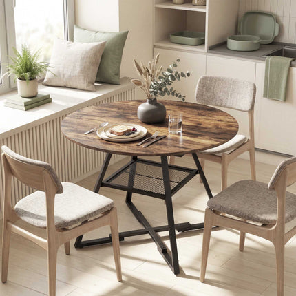 Round Dining Table for 4, 100 cm, Rustic Brown Wood Look