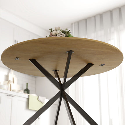 Round Dining Table for 4, Industrial Style, Oak Finish
