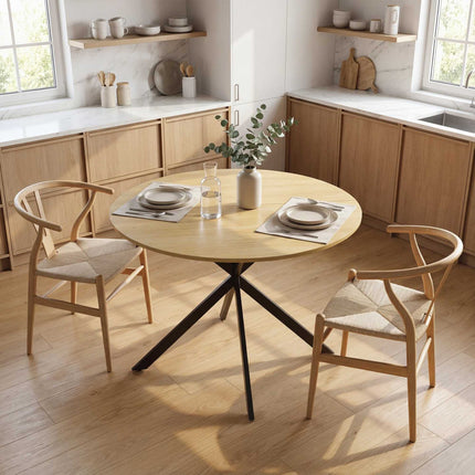 Round Dining Table for 4, Industrial Style, Oak Finish