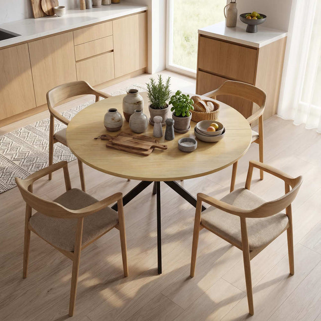 Round Dining Table for 4, Industrial Style, Oak Finish