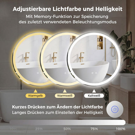 Round LED Bathroom Mirror, 70 cm, Adjustable Brightness