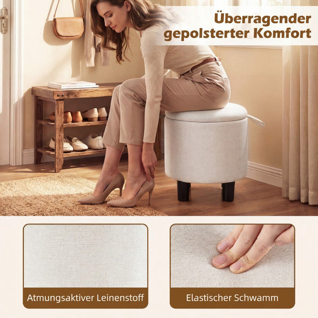 Okrągły puf lniany ze schowkiem, beżowy, Ø38 cm