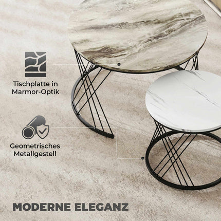 Round Nesting Coffee Tables Set – Marble Look, Grey & White