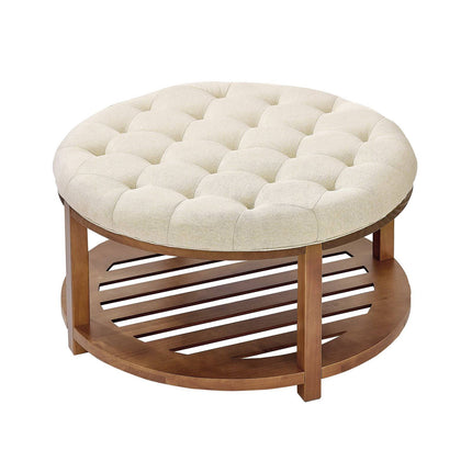 Round Ottoman Coffee Table, 81 cm, Tufted Linen, Wood Shelf