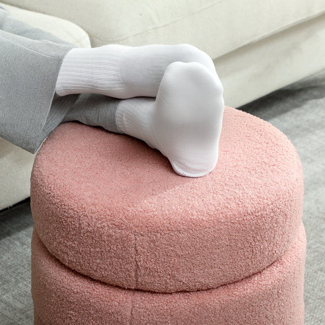 Round Ottoman, Teddy Fleece, Pink, 120kg Capacity, 40x45 cm