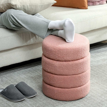 Round Ottoman, Teddy Fleece, Pink, 120kg Capacity, 40x45 cm