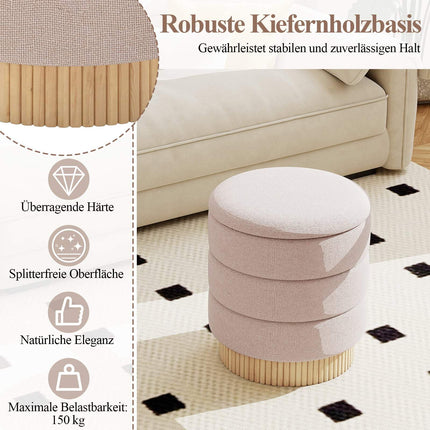 Round Ottoman with Storage, Removable Lid, Beige Chenille