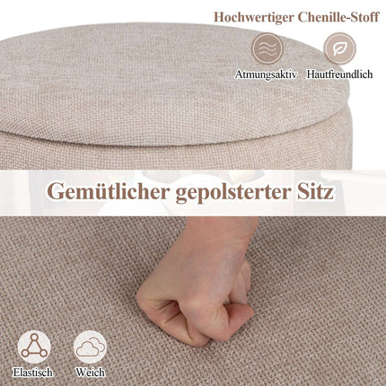 Round Ottoman with Storage, Removable Lid, Beige Chenille
