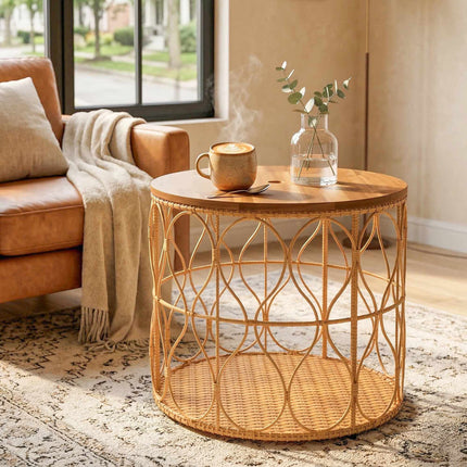 Round Outdoor Side Table, Acacia Wood Top, Rattan Look