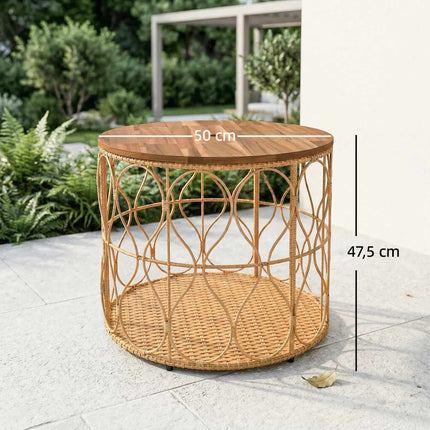 Round Outdoor Side Table, Acacia Wood Top, Rattan Look