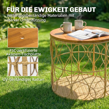 Round Outdoor Side Table, Acacia Wood Top, Rattan Look