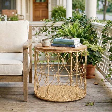 Round Outdoor Side Table, Acacia Wood Top, Rattan Look