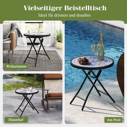 Round Patio Coffee Table with Tempered Glass Top &amp; Metal Frame Folding Side Table Gray