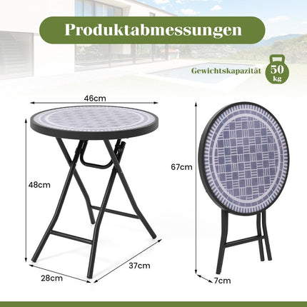 Round Patio Coffee Table with Tempered Glass Top &amp; Metal Frame Folding Side Table Gray