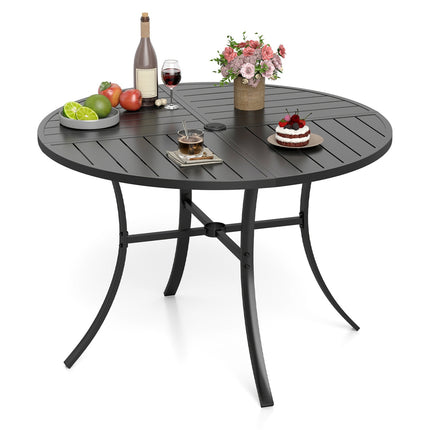 Round Patio Dining Table, 42.5 Inch Metal Slat, Umbrella Hole, Black