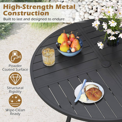 Round Patio Dining Table, 42.5 Inch Metal Slat, Umbrella Hole, Black