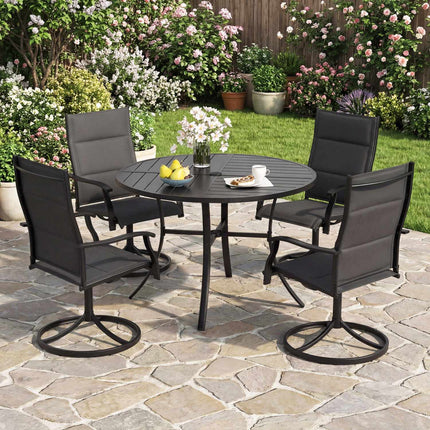 Round Patio Dining Table, 42.5 Inch Metal Slat, Umbrella Hole, Black