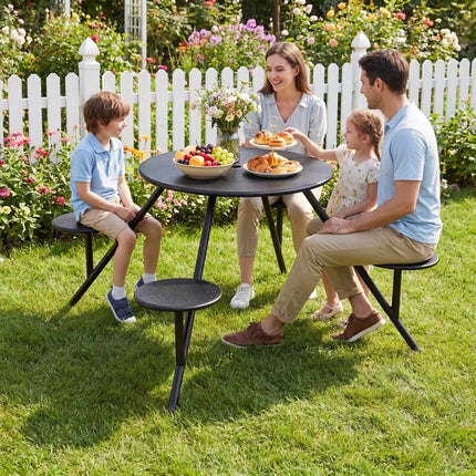 Round Picnic Table for 4 with Iron Seats & Umbrella Hole