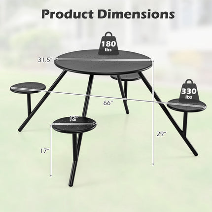 Round Picnic Table for 4 with Iron Seats & Umbrella Hole