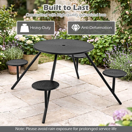 Round Picnic Table for 4 with Iron Seats & Umbrella Hole