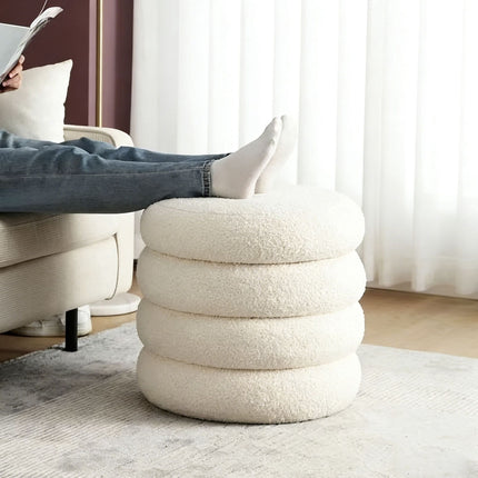 Round Plush Footstool – Teddy Fabric, Padded Seat