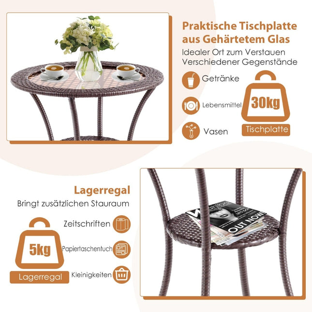 Round Rattan Outdoor Table with Glass Top and Shelf