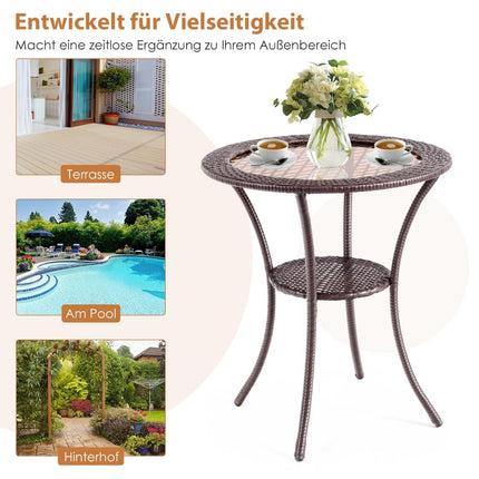 Round Rattan Outdoor Table with Glass Top and Shelf
