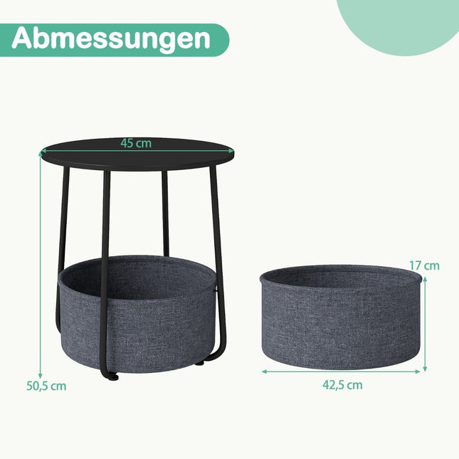 Round Side Table with Storage Basket, Black Metal Frame