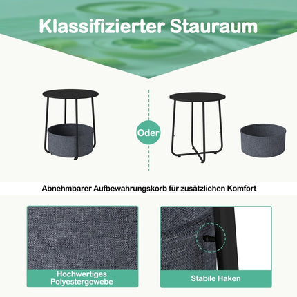 Round Side Table with Storage Basket, Black Metal Frame
