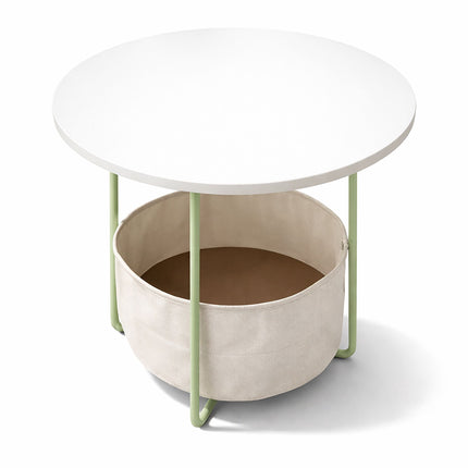 Round Side Table with Storage Basket, Metal Frame