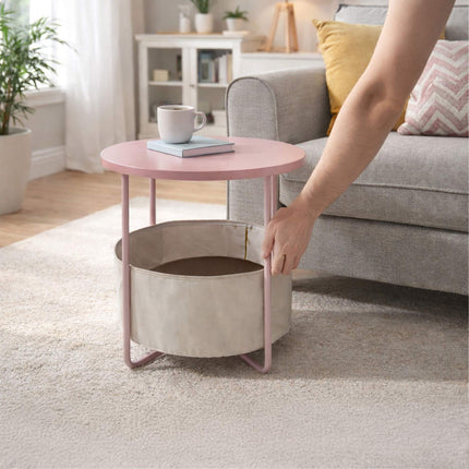 Round Side Table with Storage Basket, Metal Frame